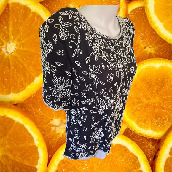 Vintage Stenay Black with White Floral‎ Beaded Design Size XL - Picture 8 of 8